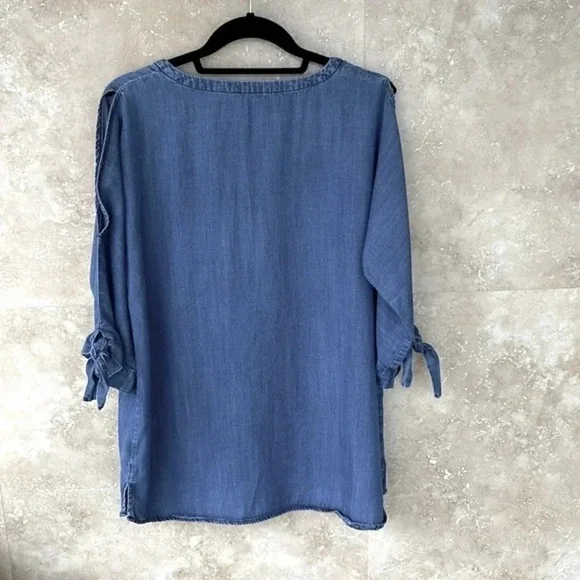 Soft Surroundings Women’s Blouse Cold Shoulder Split Neck Blue Size S - Picture 3 of 10